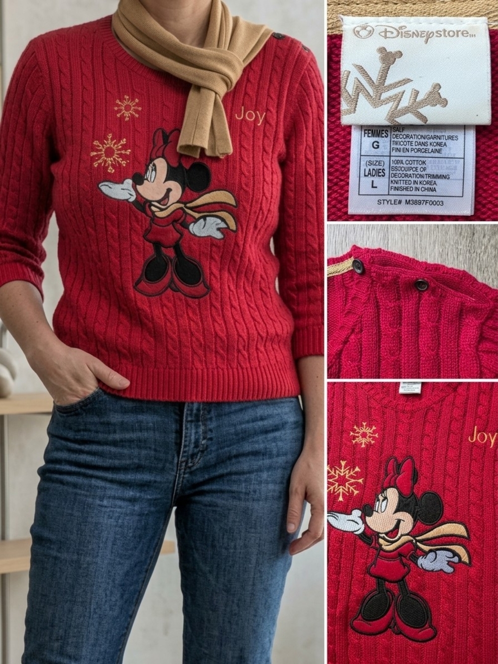 Vintage Disney Store Minnie Mouse Cable Knit Sweater Red Women's Size L